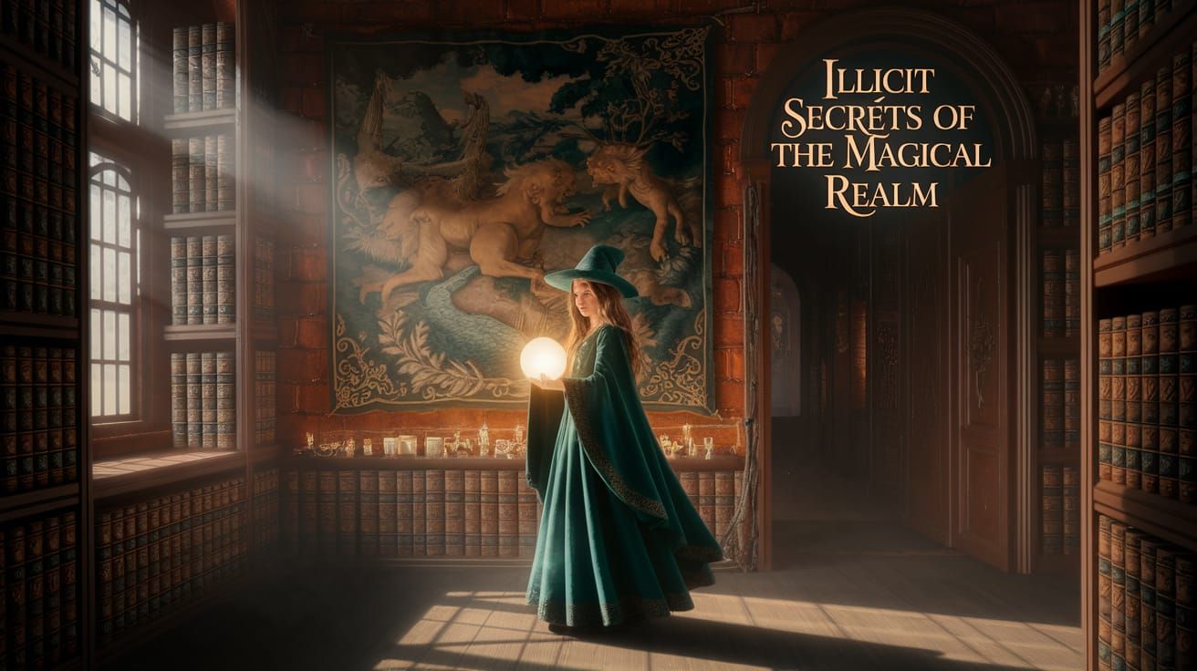 Sorceress Unveiling Magical Secrets in Ancient Library