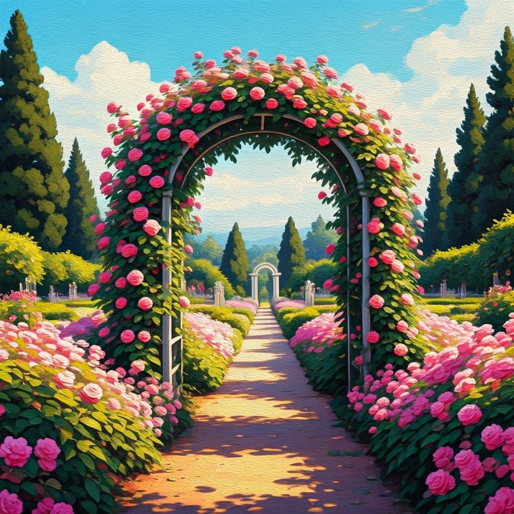 Romantic Oil and Ink Garden Scene with Rose Arch