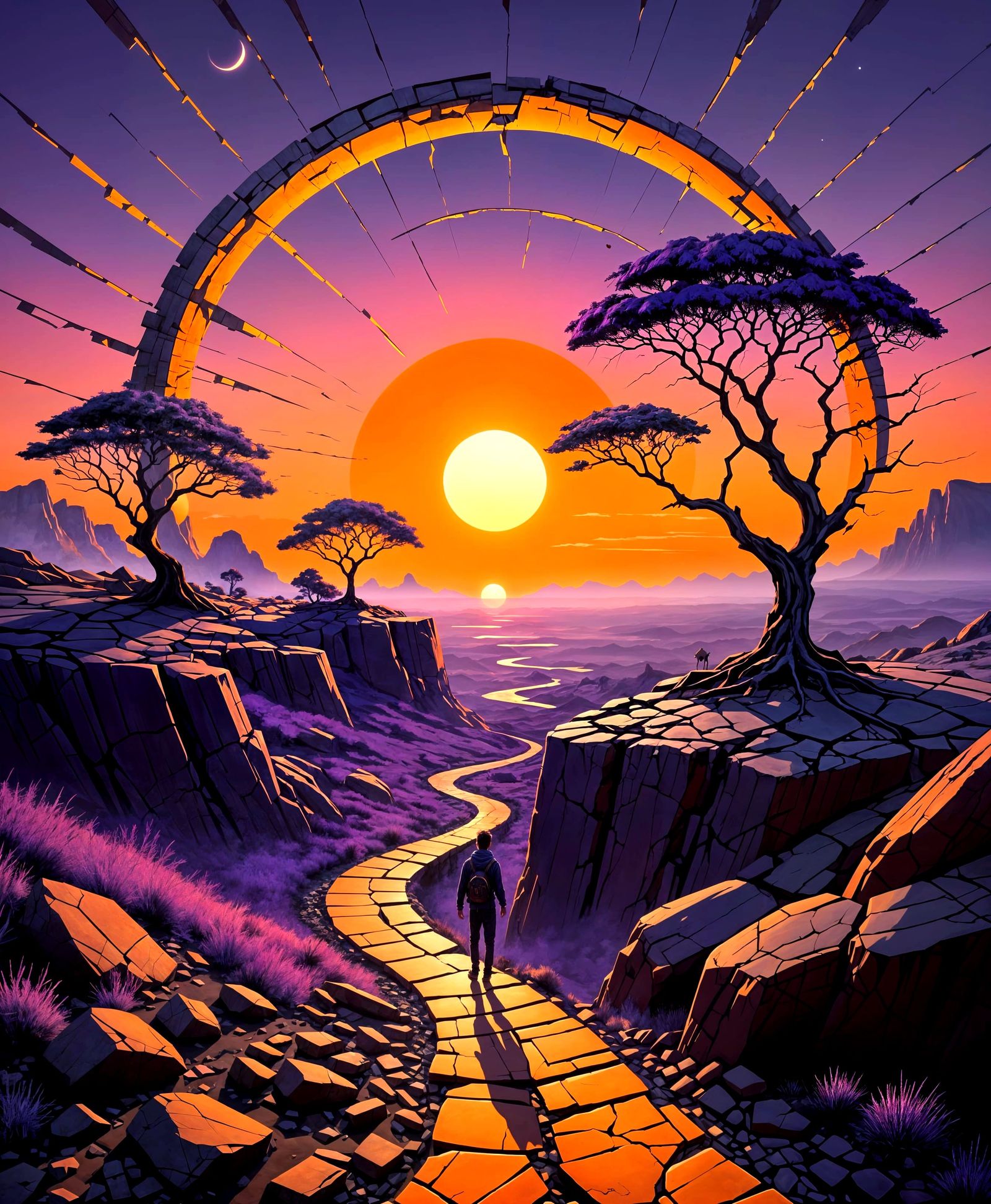 Surreal Sunset on a Cracked World in Vibrant Purple and Oran...