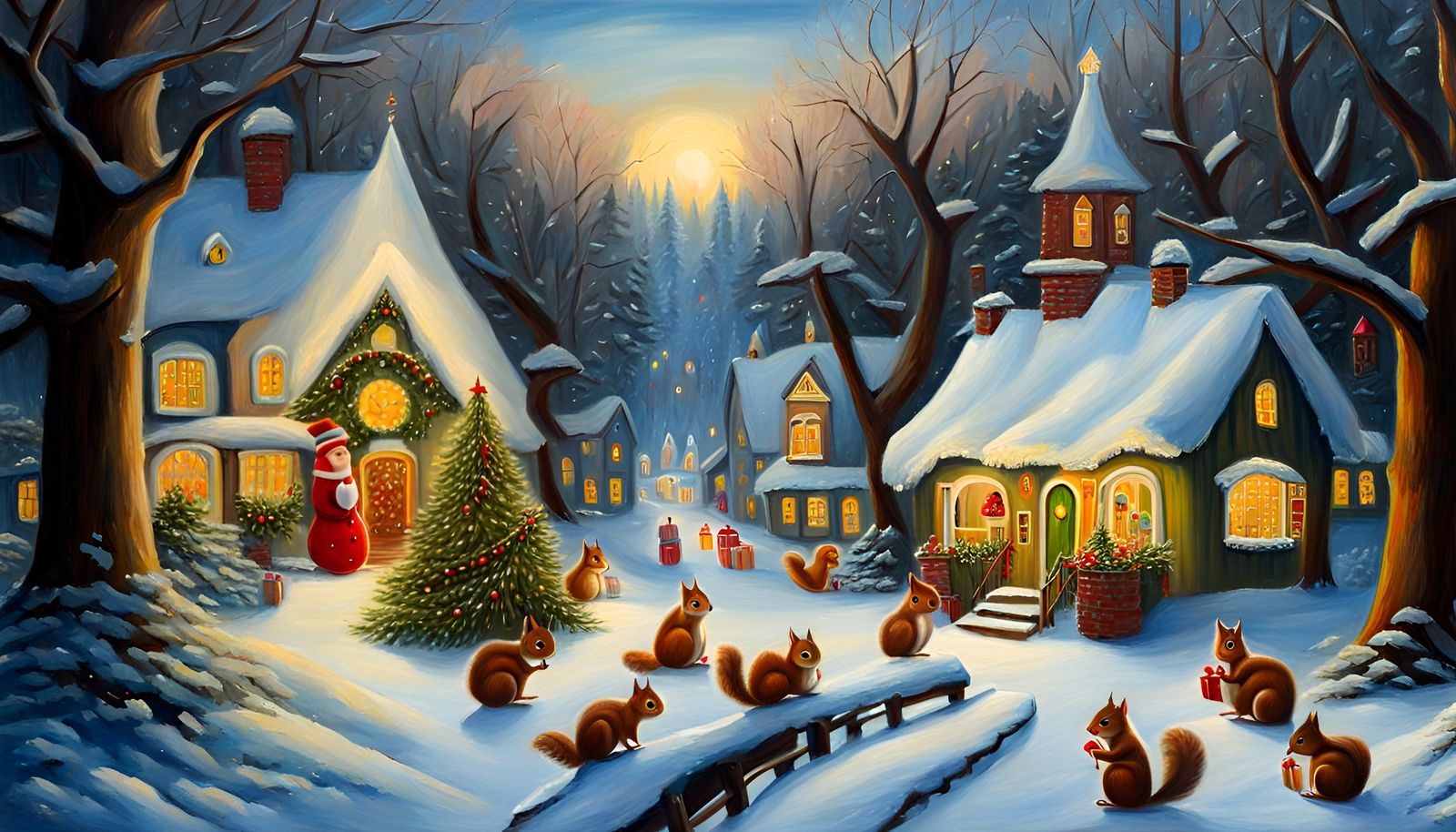 Festive Christmas Scene in Squirrel Village
