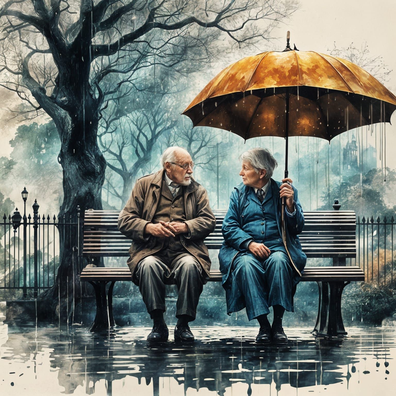 Romantic Ink Painting of Couple in Rain