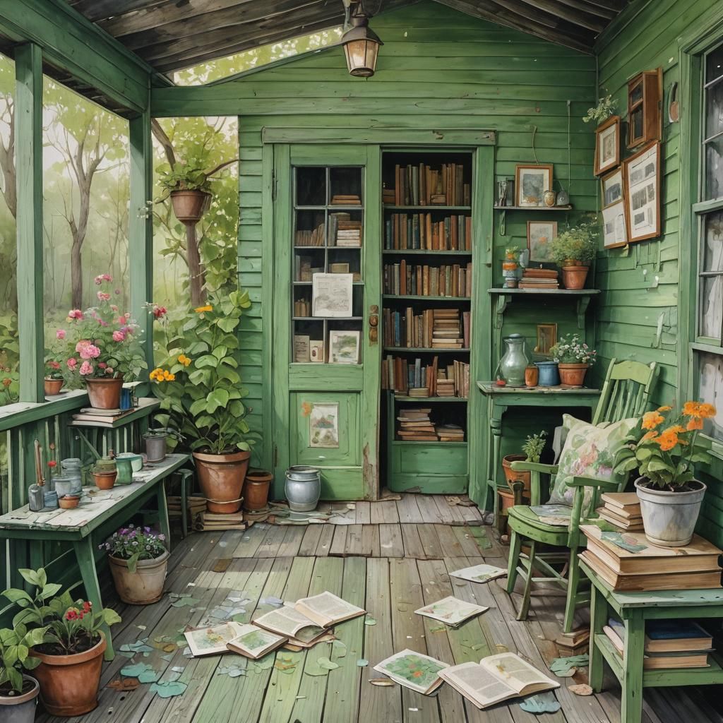 Vintage Cottage Back Porch with Botanical Art