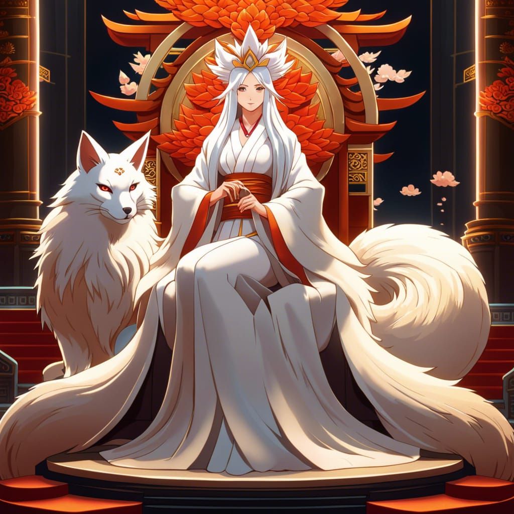 Anime Kitsune Queen on Throne in Ghibli Style