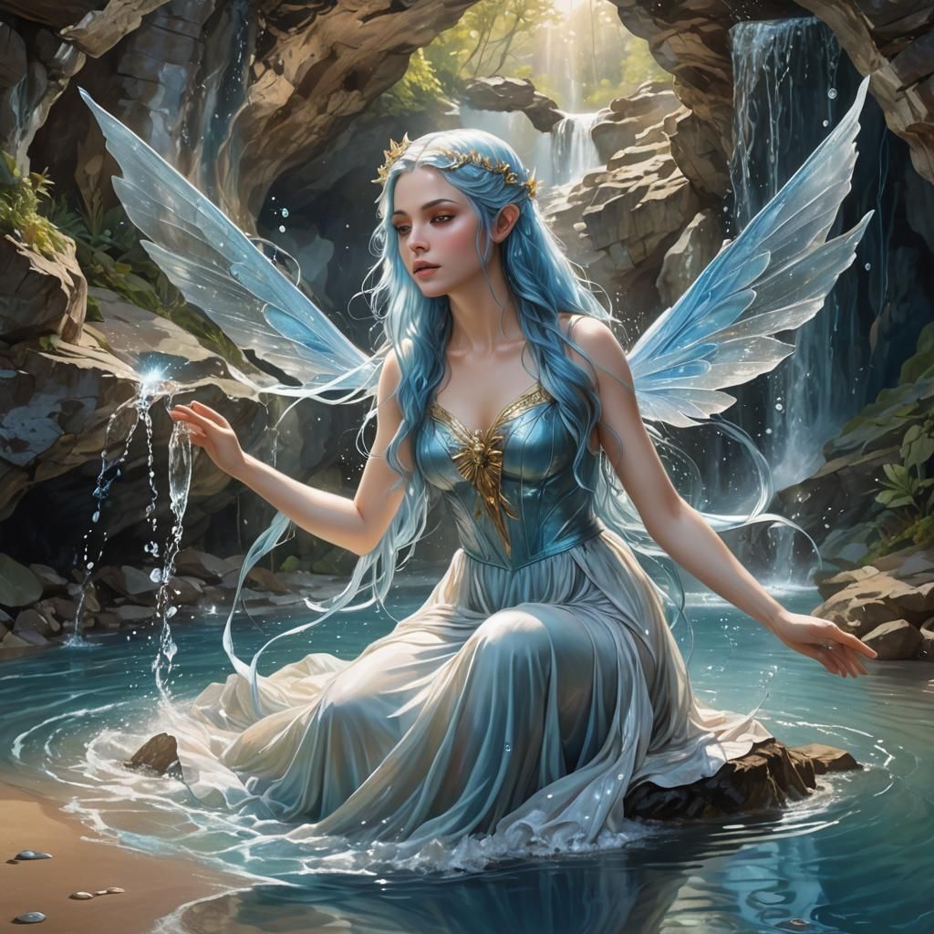 Ethereal Water Fairy Portrait in a Magical Cavern