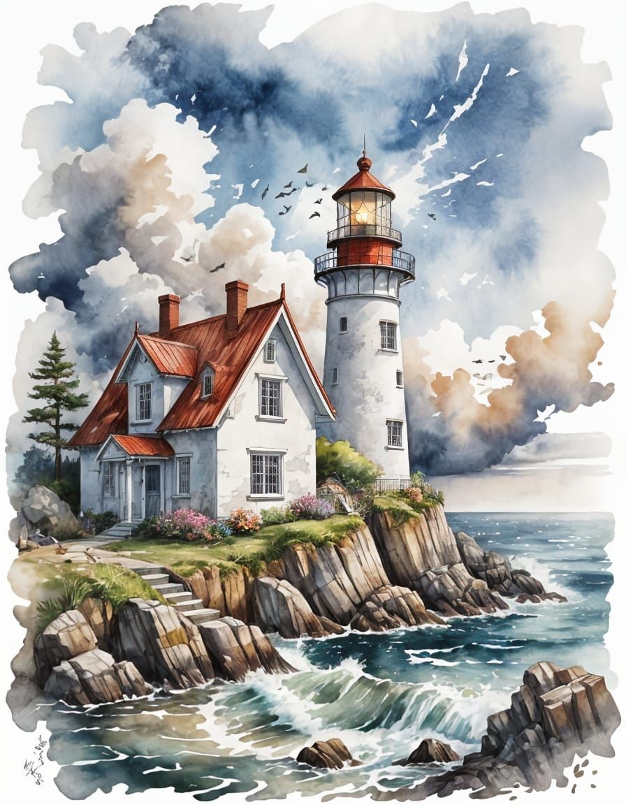 Charming Cottage and Lighthouse: Watercolor Illustration