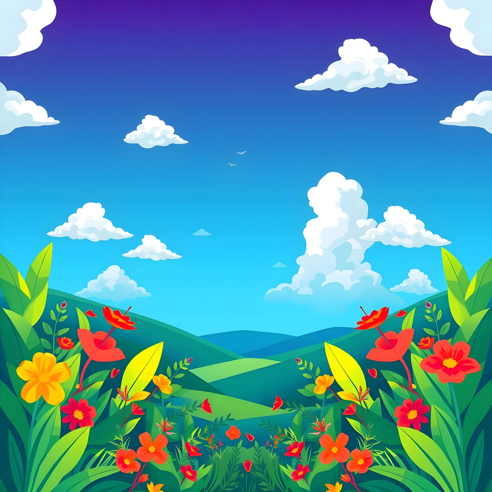Symmetrical Floral Landscape in Vibrant Bauhaus Style