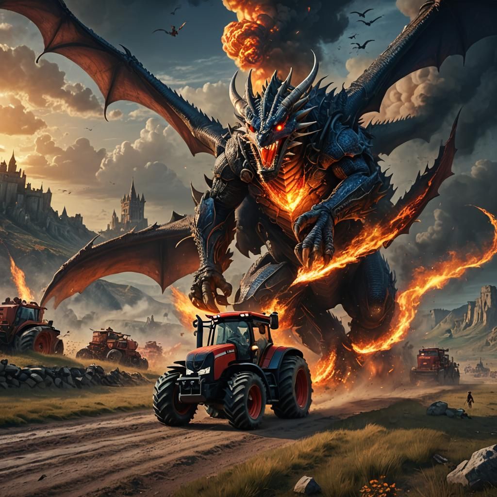 Tractor Versus Dragon: Epic Fantasy Battlefield Concept Art