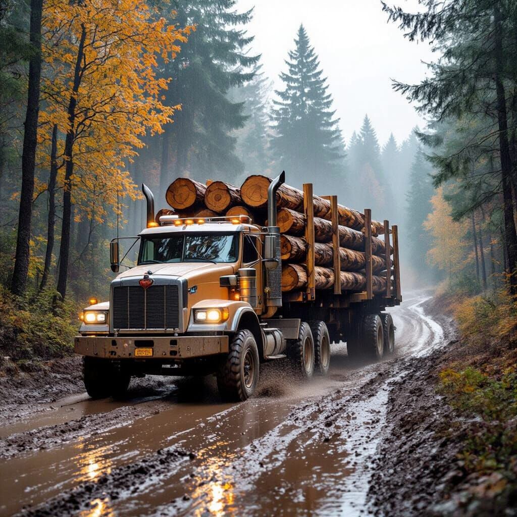 Logging Truck Navigates Muddy Forest Road in Autumn Rain