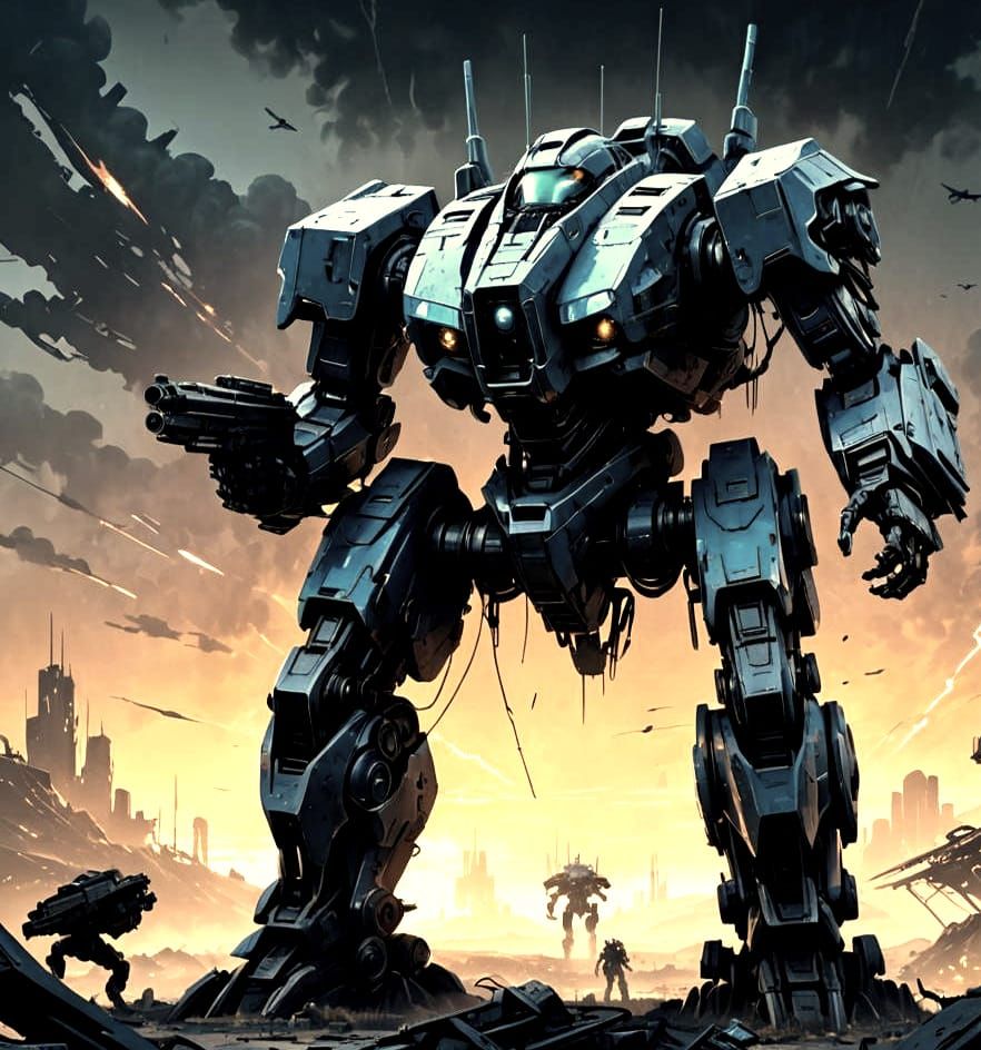 Heavily Armed Mech in Post-Apocalyptic Landscape