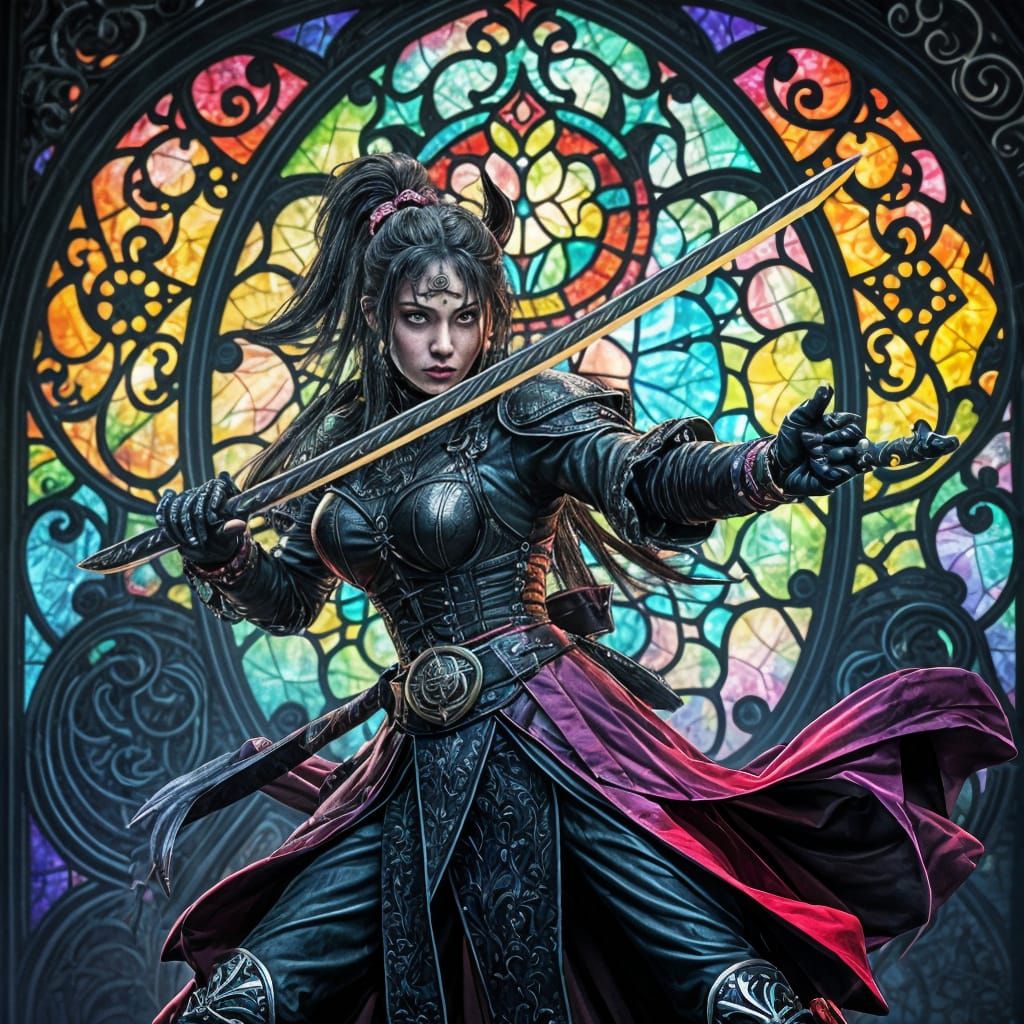 Vibrant Gothic Warrior Goddess in Stained Glass Surrealism