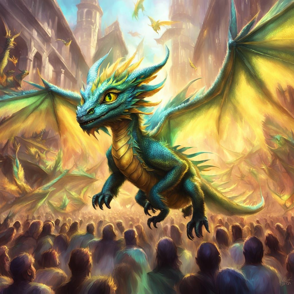 Surreal Dragon Soars Over a Vibrant Crowd in Iridescent Hues