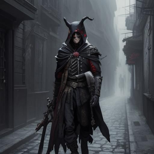 Dark Fantasy Harlequin Assassin in Film Noir Style