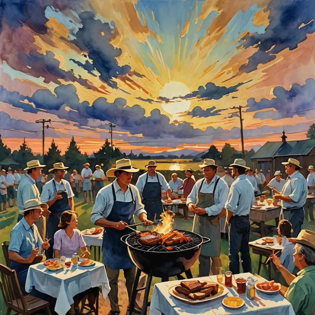 Impressionist Sunset Gouache Painting in Watercolor Style