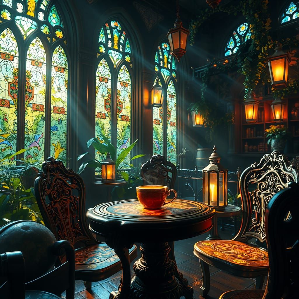 Ornate Cafe Scene with Coffee in High-Fantasy Style