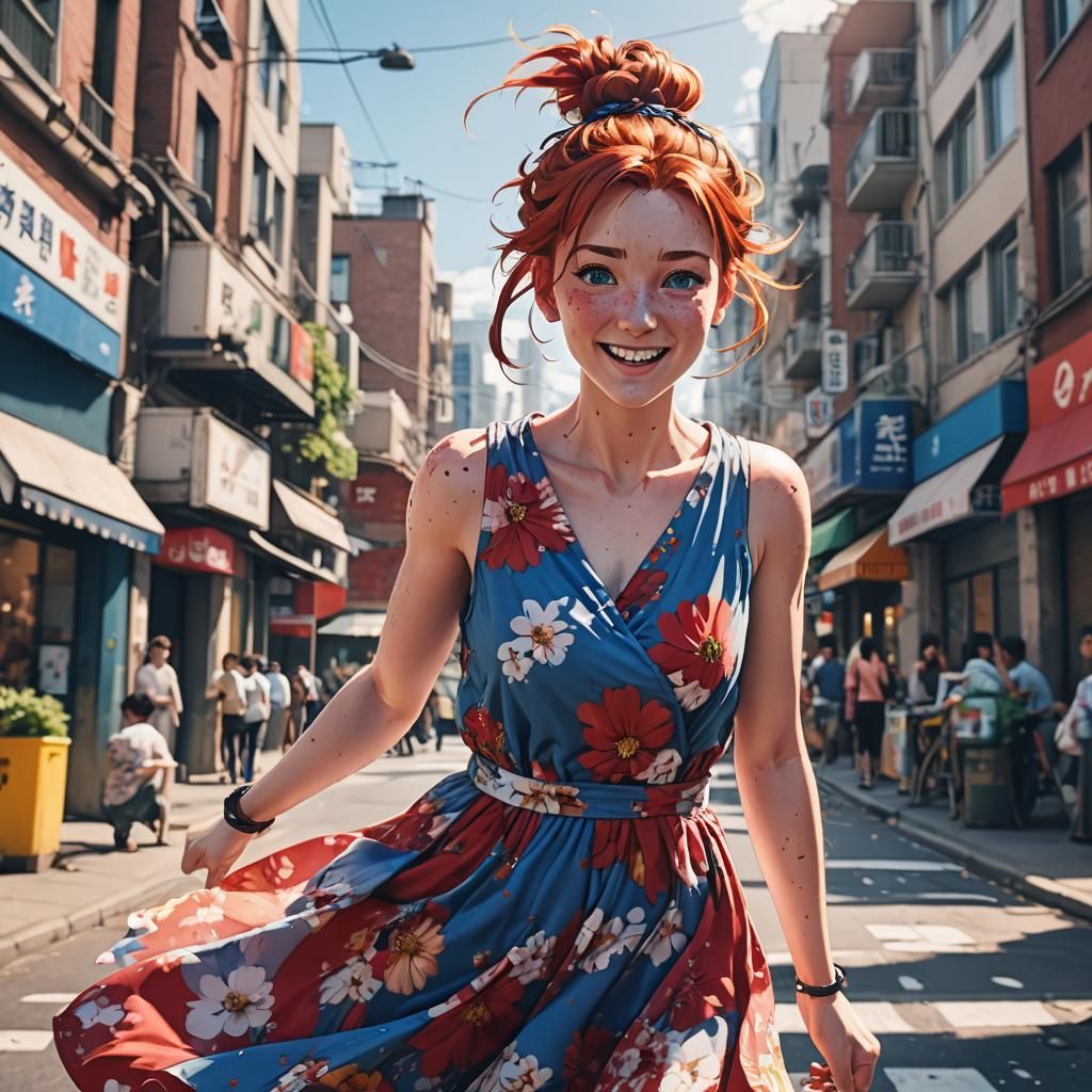 Energetic Woman with Red Hair, Anime Portrait