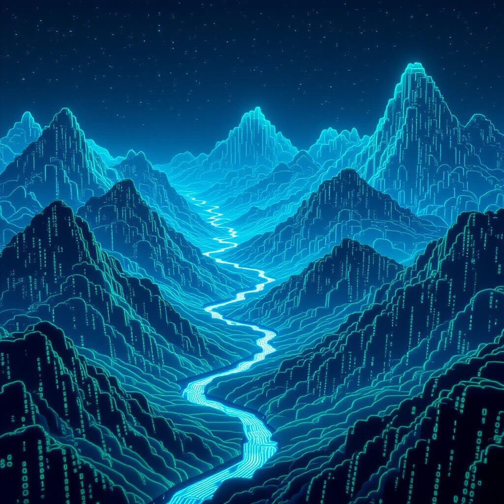 Digital Binary Code Landscape: Mountains, Valleys, Rivers