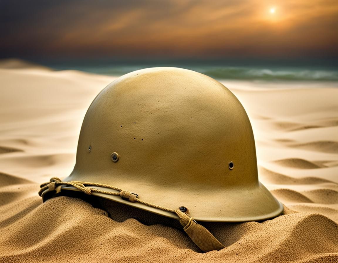 US Army Helmet on Deserted Beach in HDR
