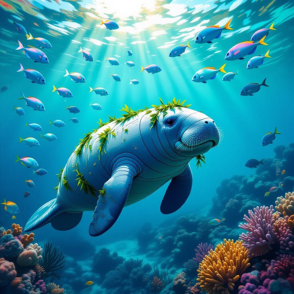 Manatee with Shells in Pristine Ocean, Mixed-Media Style