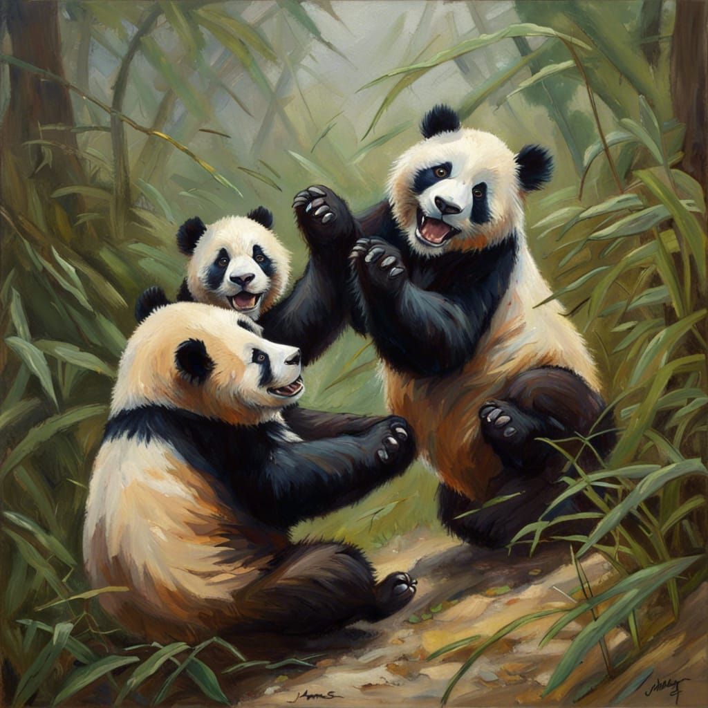 Playful Pandas in Oil Painting Style