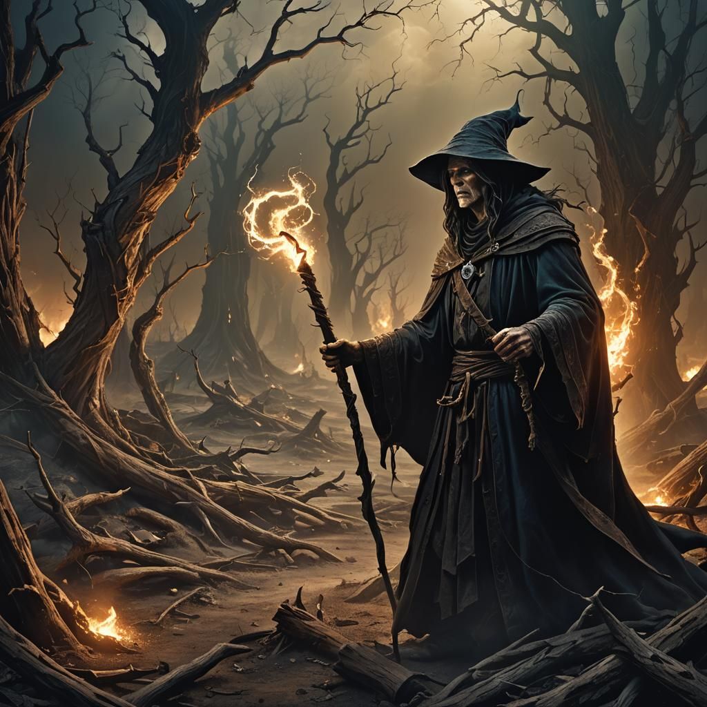 Dark Sorcerer Casting Spell in Desolate Wasteland