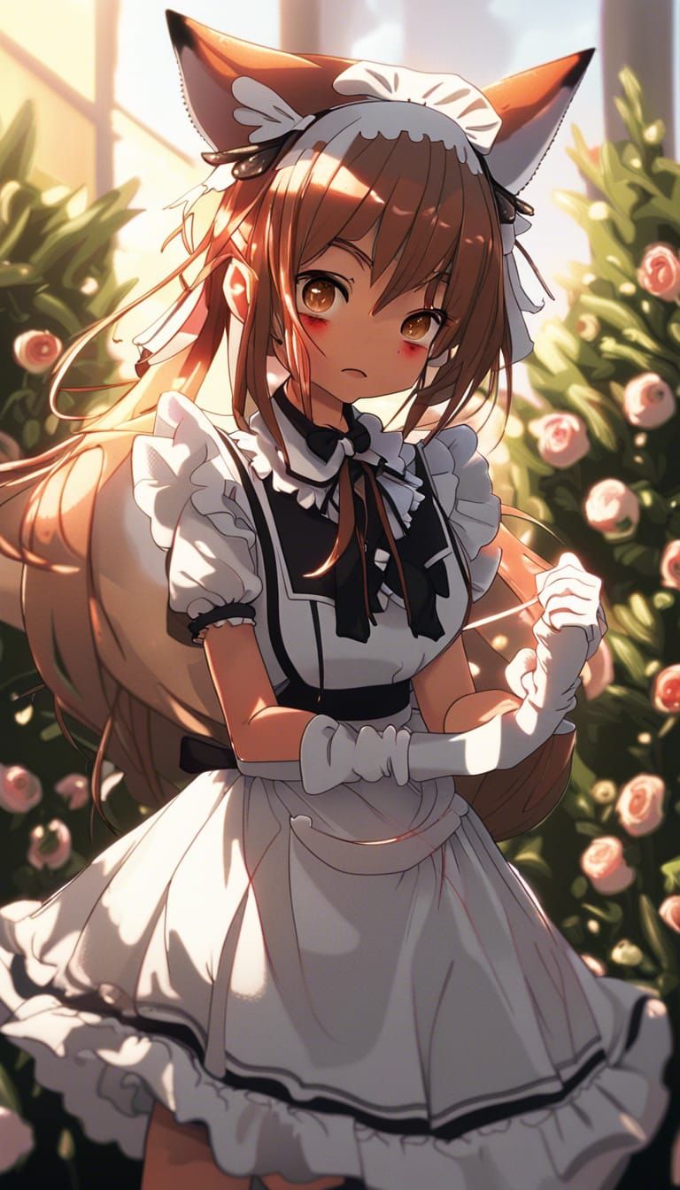 foxgirl maid in a rose garden