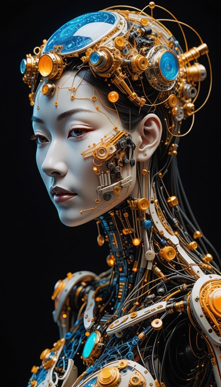 Cybernetic Geisha Cutaway Diagram in Cyberpunk Style