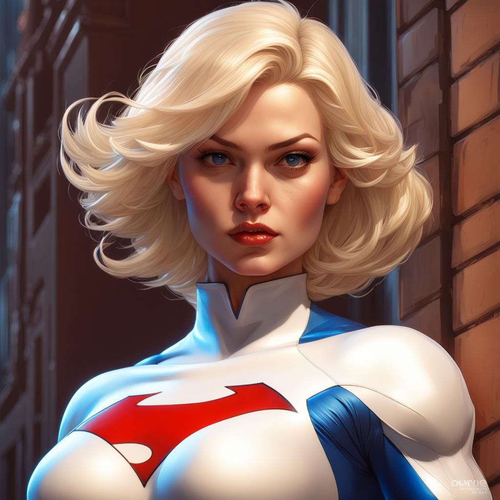 Powergirl Portrait in Hyperrealistic Comic Style