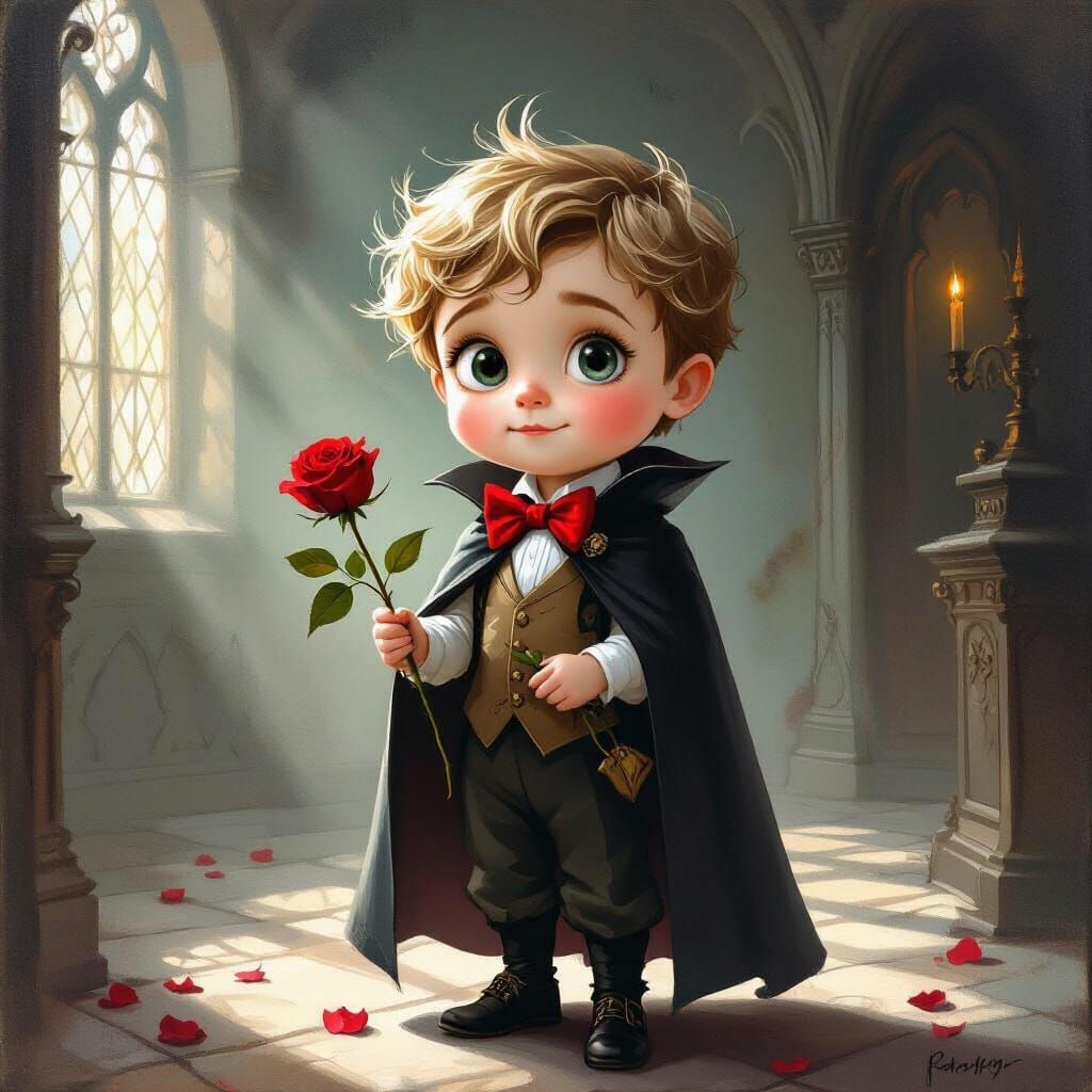 Whimsical Boy Dracula Oil Painting with Gothic Charm