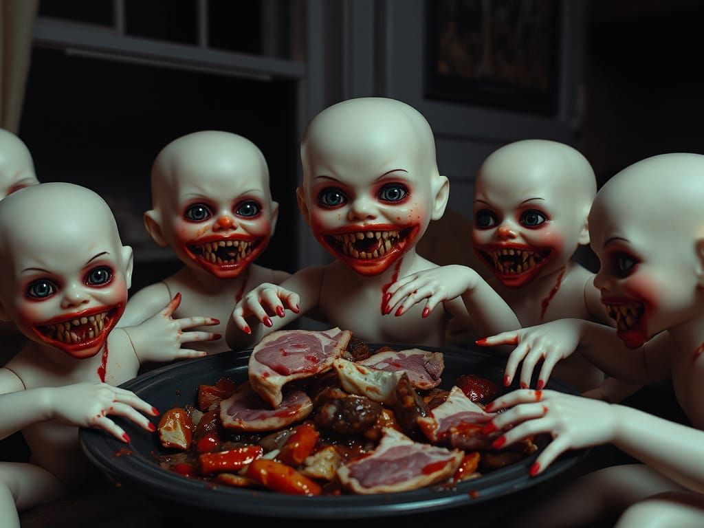 Grotesque Dolls Feast on Raw Meat in a Dark, Eerie Landscape