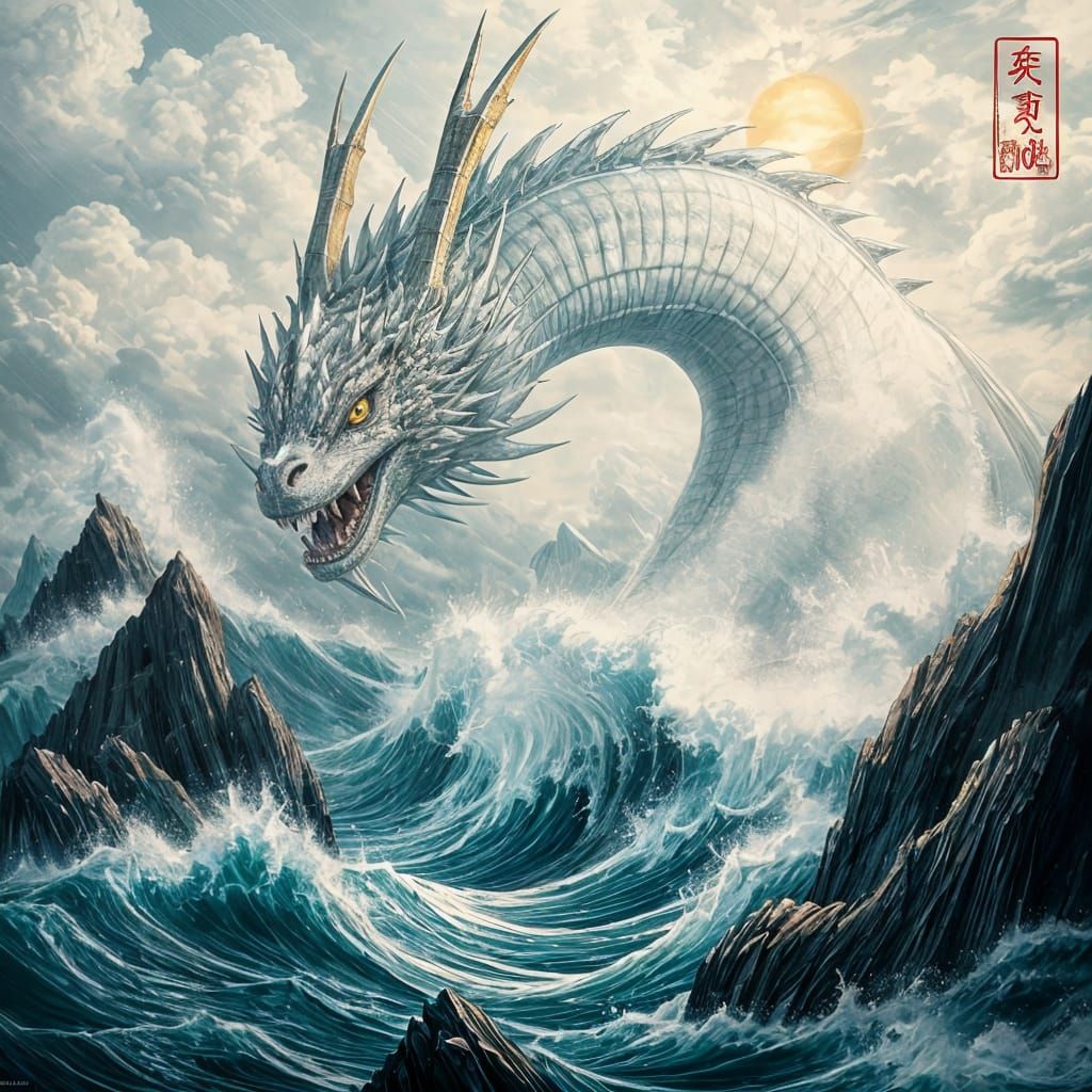 Majestic Sea Dragon Emerges from Stormy Seas