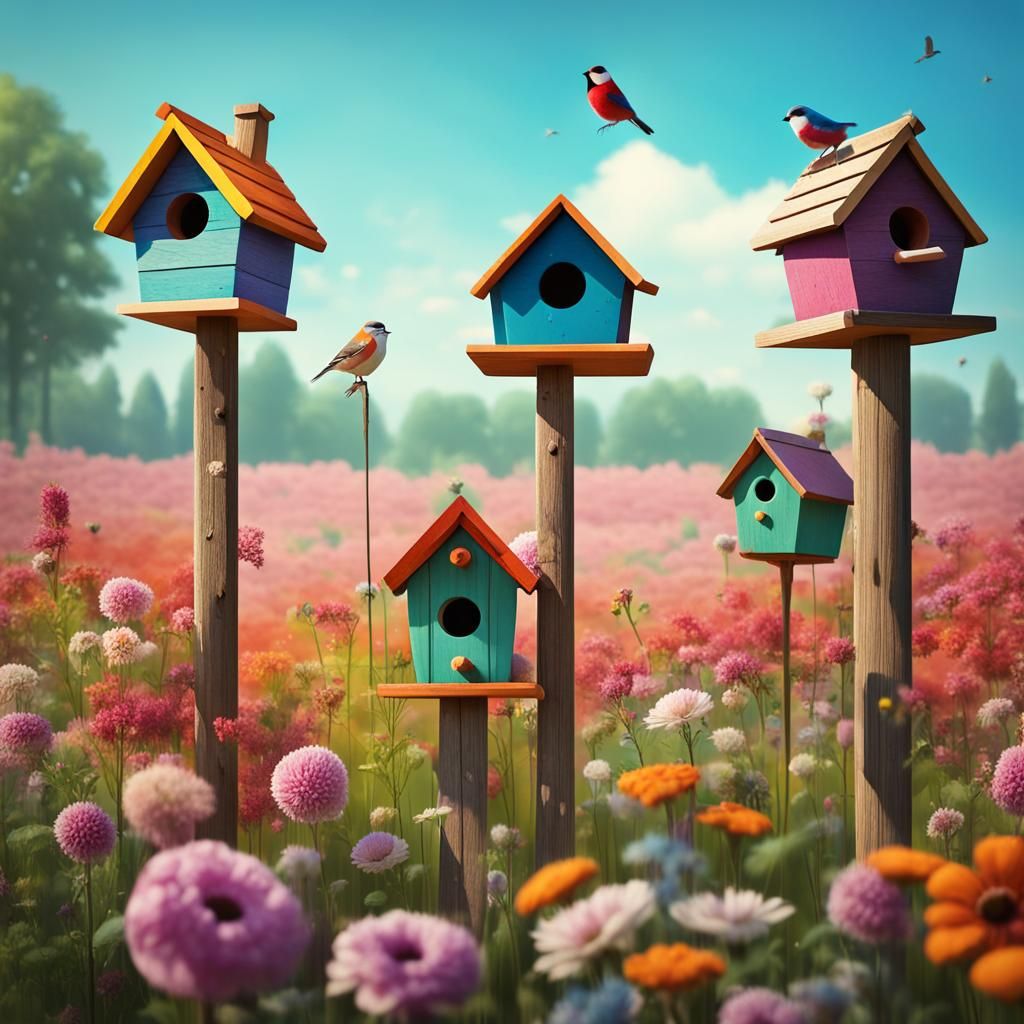 Abstract Birdhouses in Flower Field