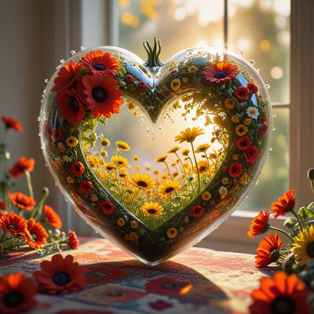 Glass Heart Tapestry Filled with Sunflowers