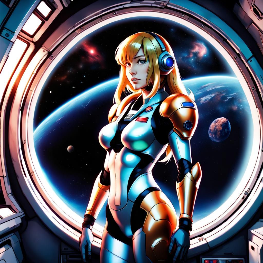 Samus Aran in a Space Station, anime style