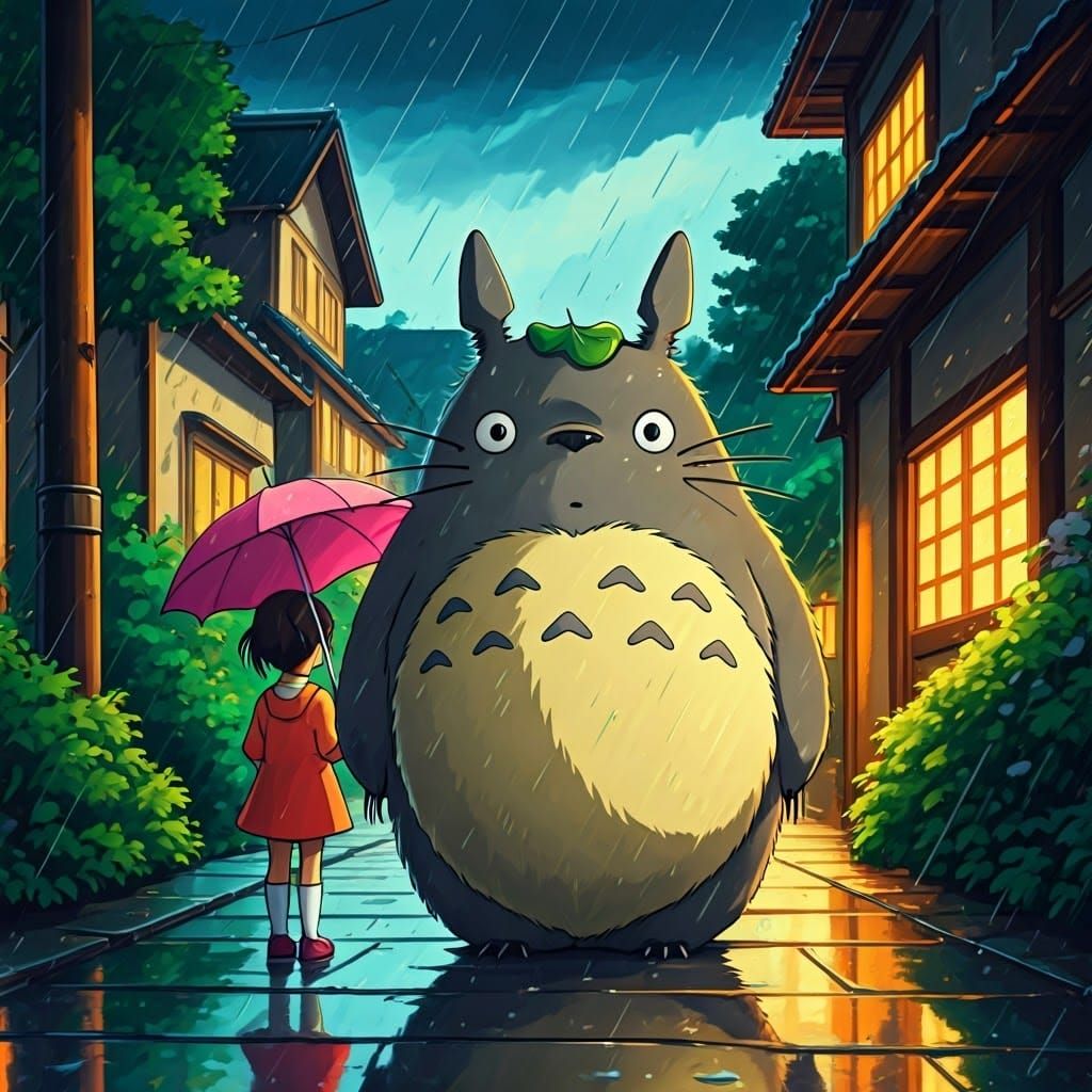 Friendly Totoro in Rainy Doodle Art Style