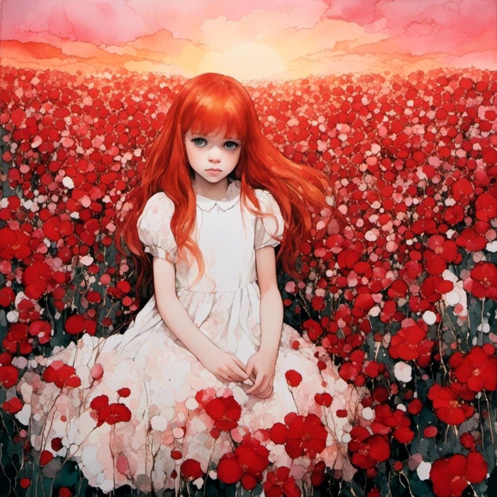Anime Girl in Red Flower Field, Alcohol Ink Style