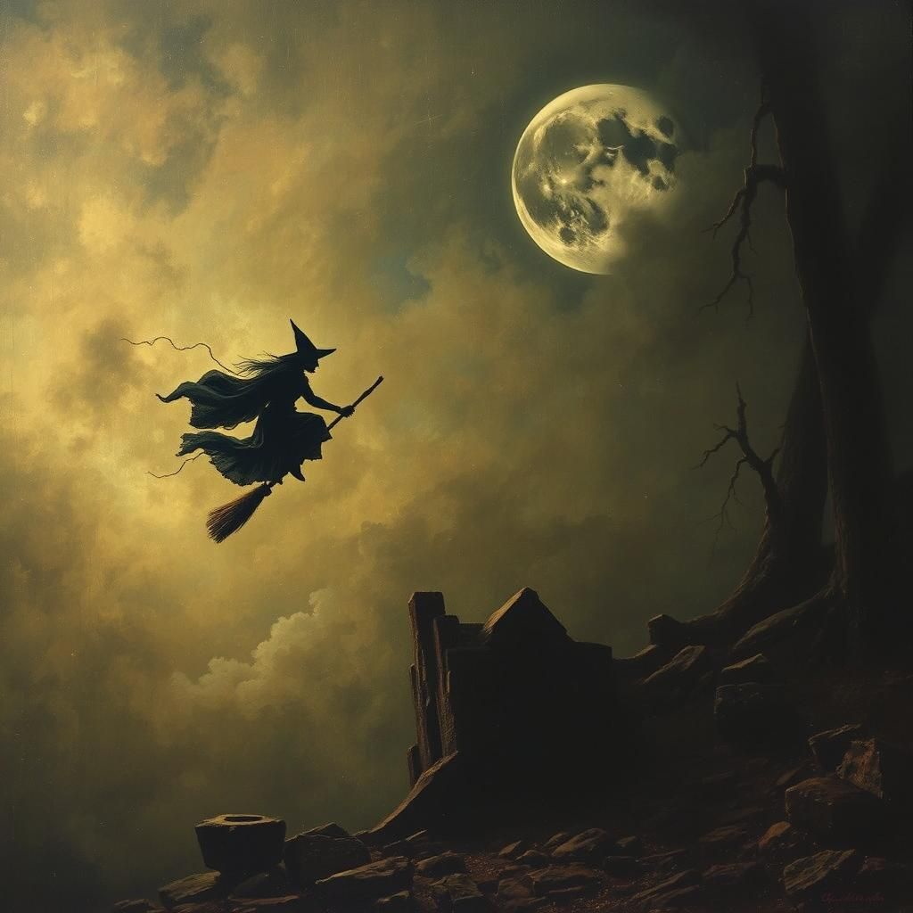 Surreal Witch Flying on Broomstick at Night