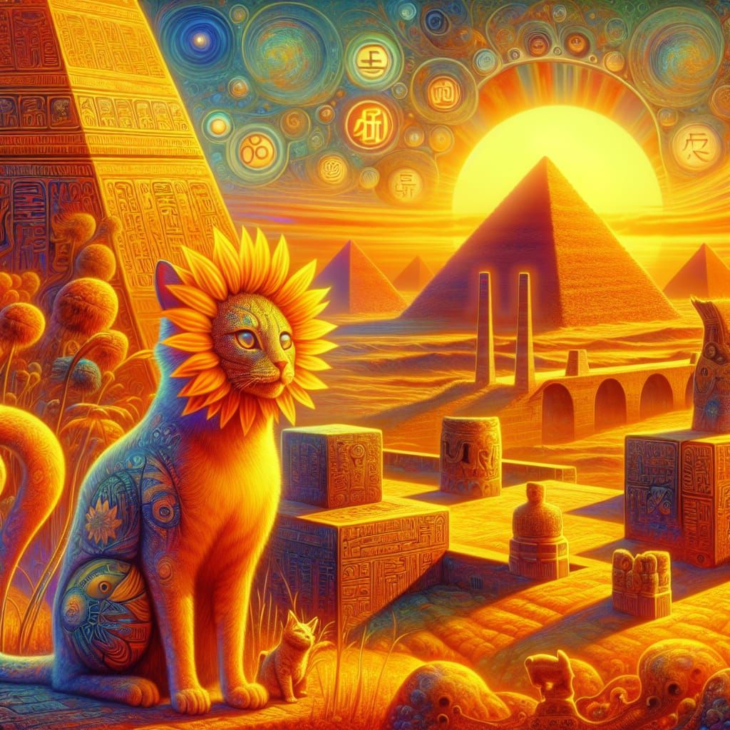 Psychedelic Chinese Cat in Surreal Egyptian Landscape