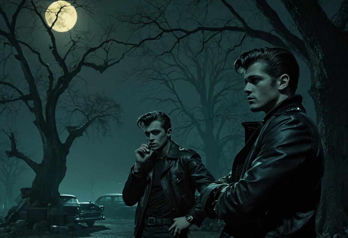 Greasers in Graveyard with '55 Chevy, Film Noir