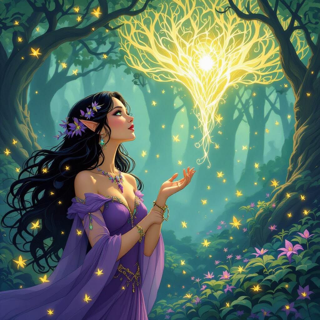 Beautiful Fairy in Purple Outfit Gazes at Magical Tree