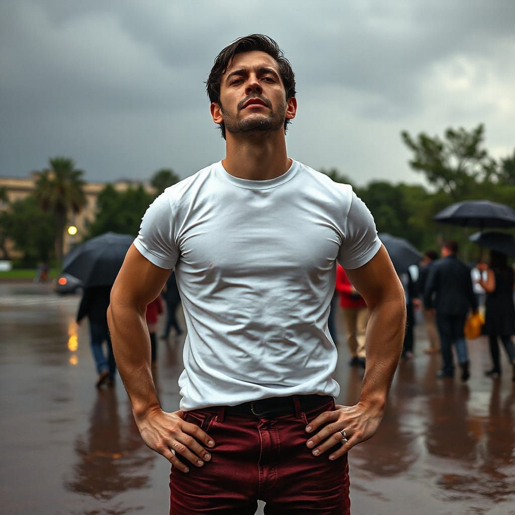 Handsome Man in Rain, Hyperrealistic Style