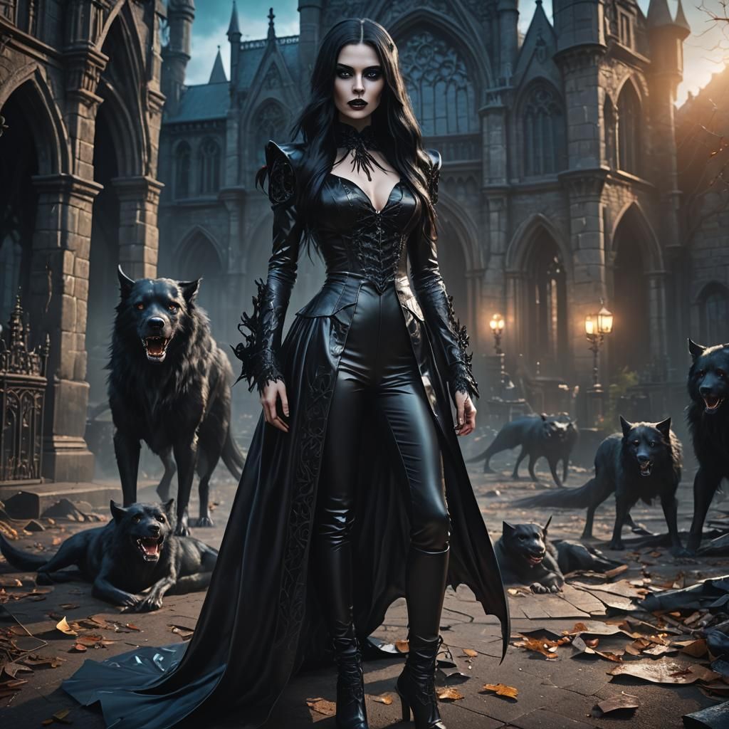 Gothic Vampire Girl with Monster, Detailed Matte Painting