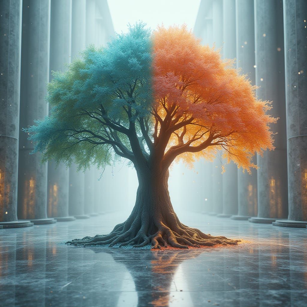 Humanoid Tree Transforming Through Seasons in Futuristic Sty...