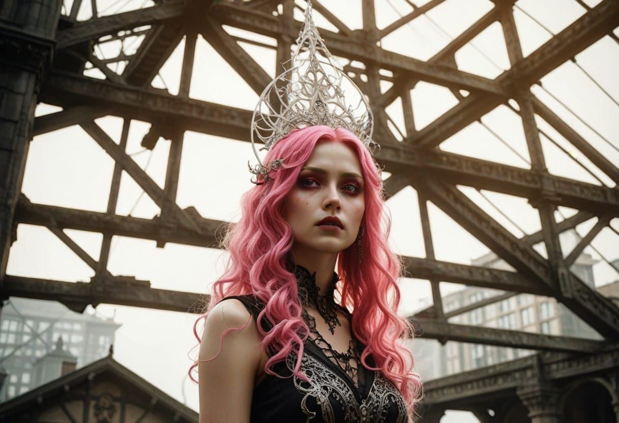 Mysterious Duo Amidst Gothic Cityscape in Dark Fantasy Style