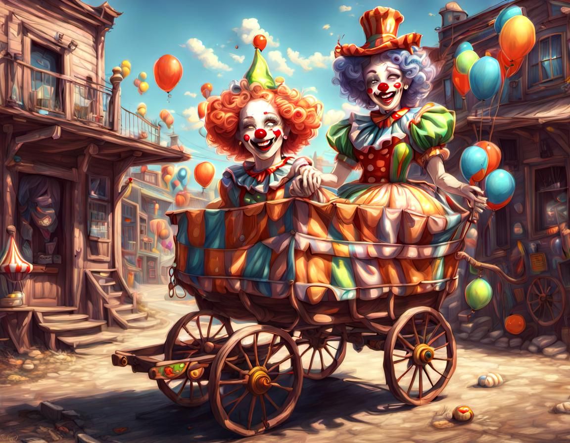 Clown in cloth wagon in a old western town