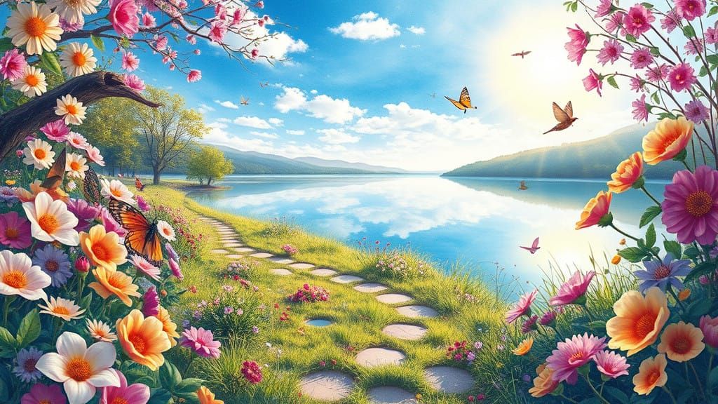 Vibrant Lake Path in Whimsical Candy Art Style