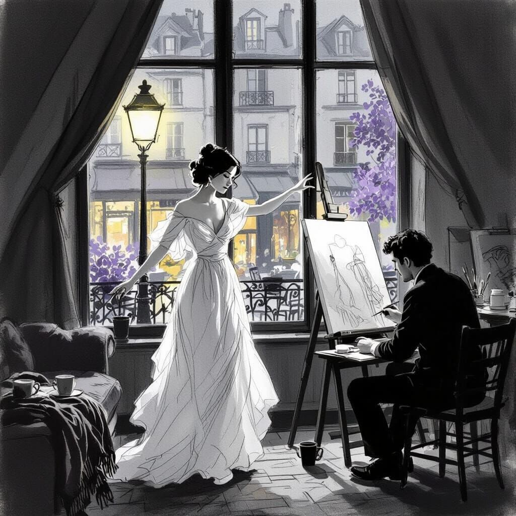 Elegant Woman in Parisian Studio, Charcoal Sketch Style
