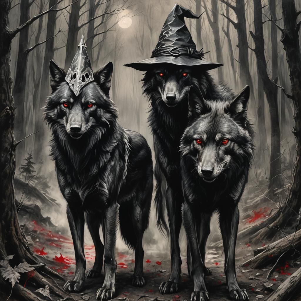 Dark Fantasy Wolves in Charcoal Style
