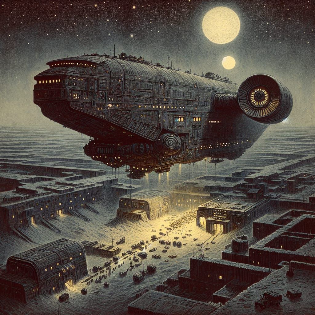 Vintage-Inspired Transport Spaceship Resupplies Alien Settle...