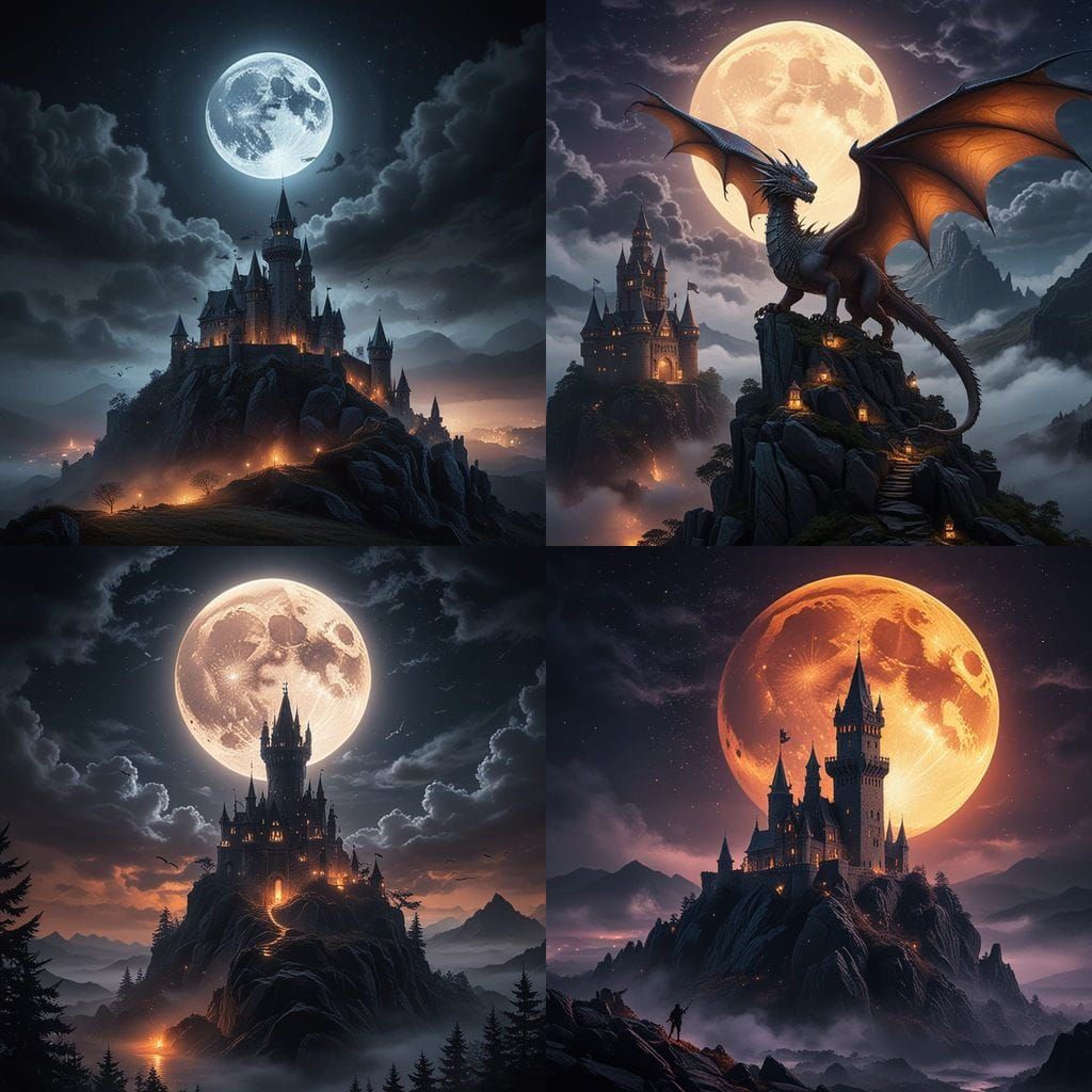 Medieval Castle Under Full Moon with Majestic Dragon