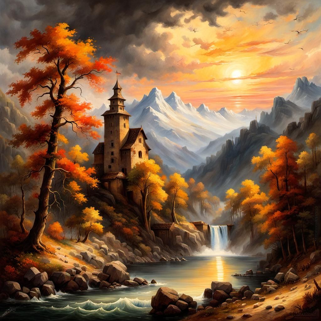 Watermill Landscape in Romantic Naturalism Style